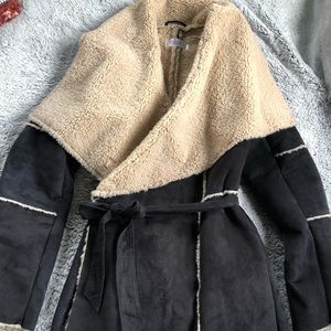 Sherpa lined/faux suede wrap jacket